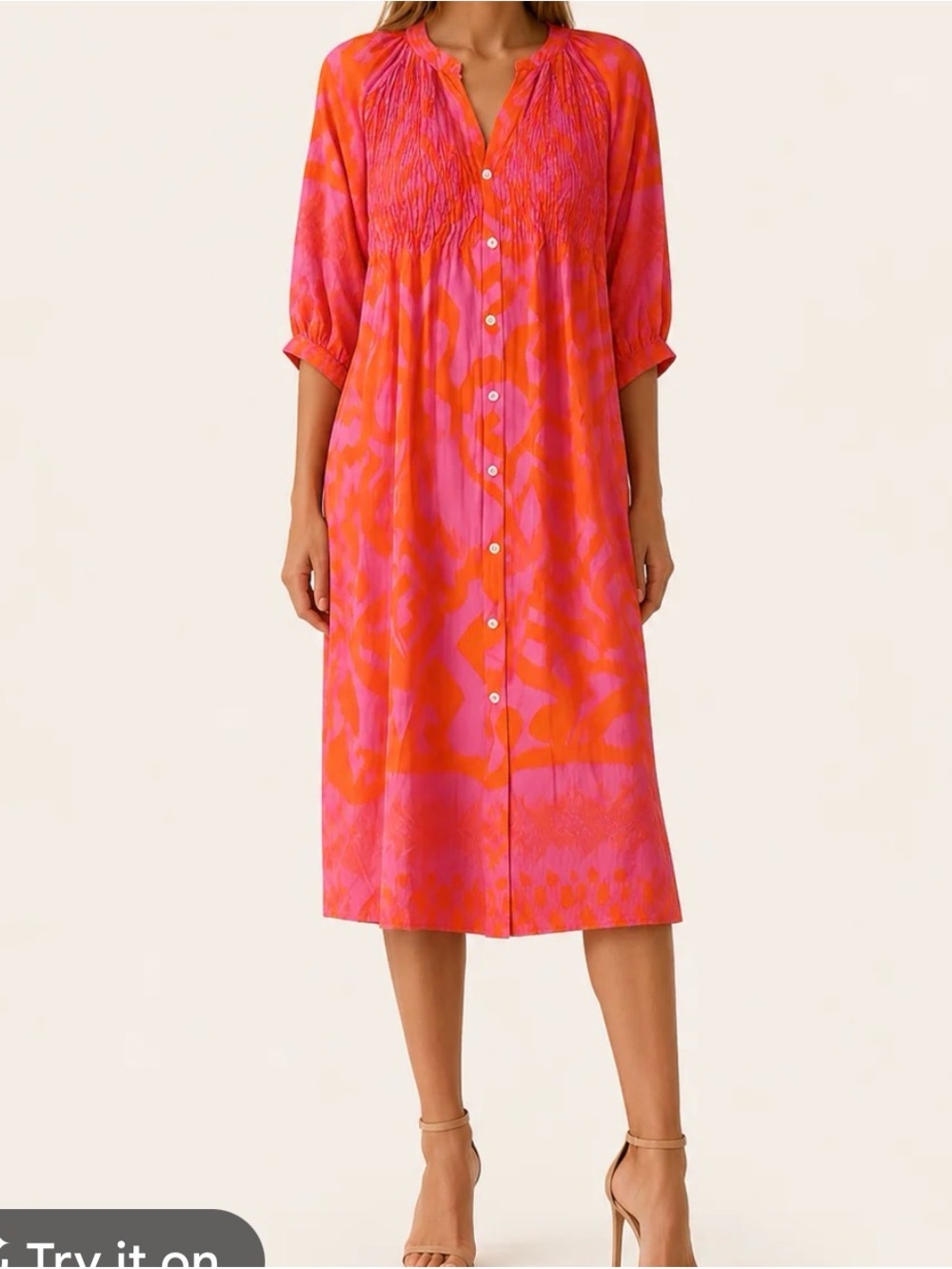 MIA Pink and Orange Button-Front Smocked Sleep Dress,#B14
